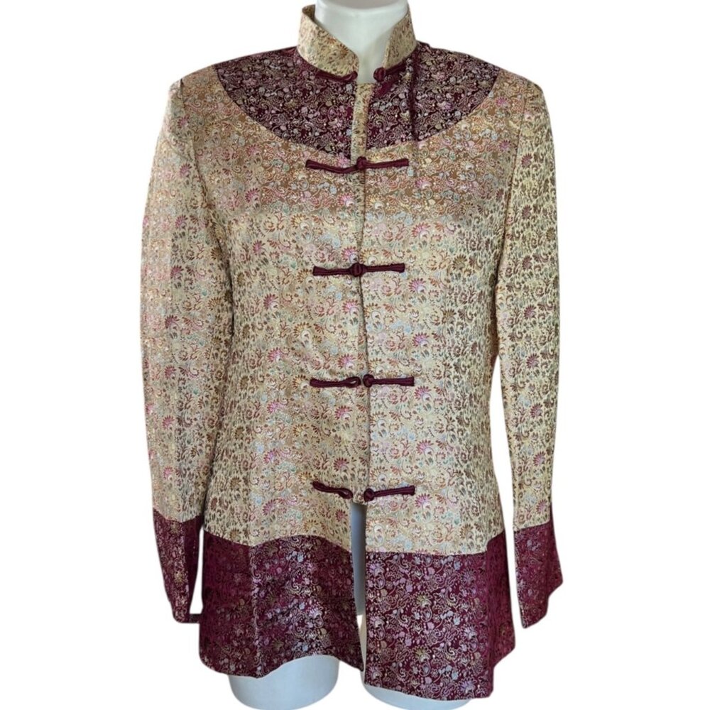Yang Yu Womens Floral Brocade Chinese Jacket L Maroon Beige VGUC